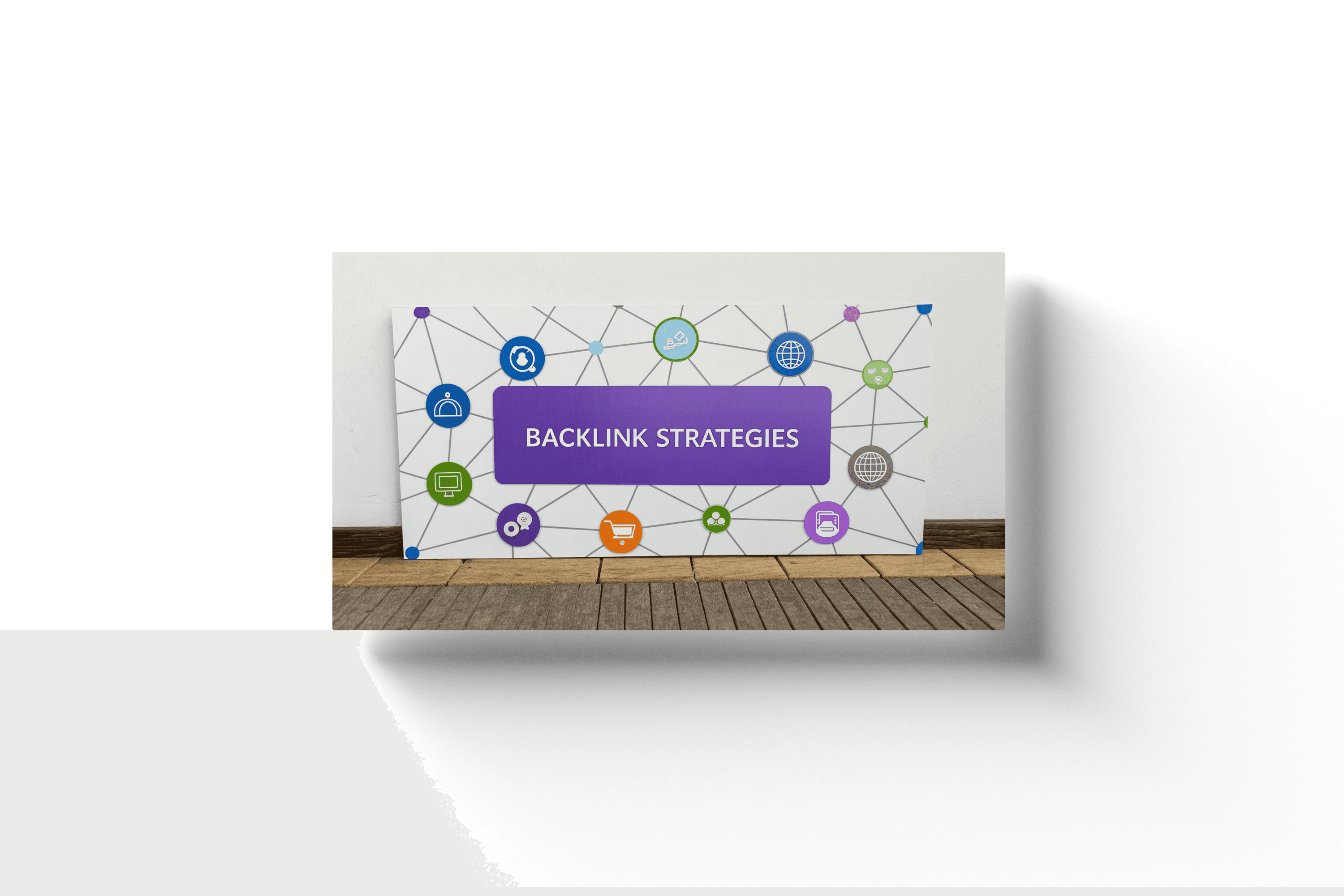 a bulletin board with a network web and a purple card displaying the text 'backlink strategies'