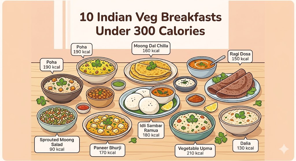 An infographic illustrating 10 low-calorie Indian vegetarian breakfast ideas, including Poha, Ragi Dosa, and Idli Sambar, each marked with its calorie count.