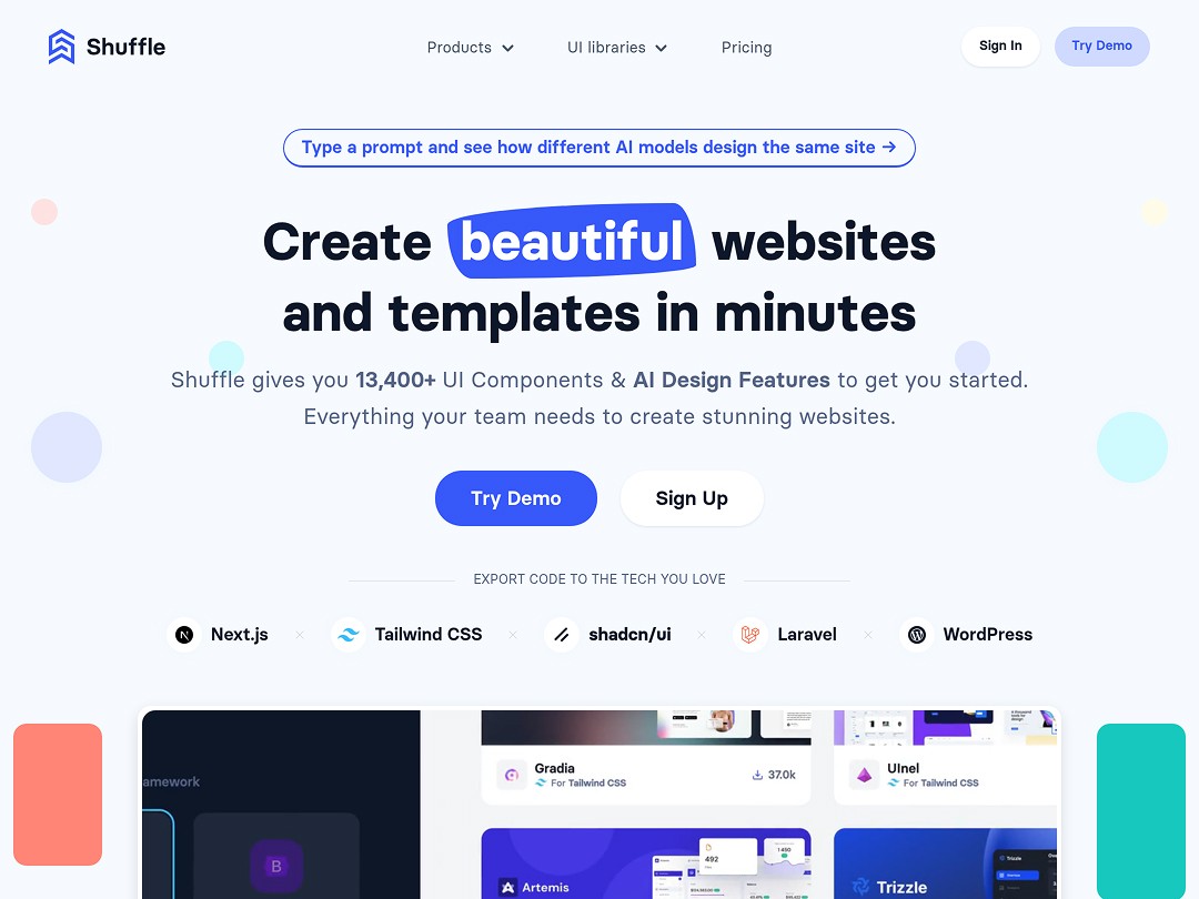The image shows a webpage from a no-code website builder, Shuffle, featuring a headline promoting the creation of beautiful websites and templates, with options to try a demo or sign up, alongside various programming tools like Next.js, Tailwind CSS, Laravel, and WordPress.