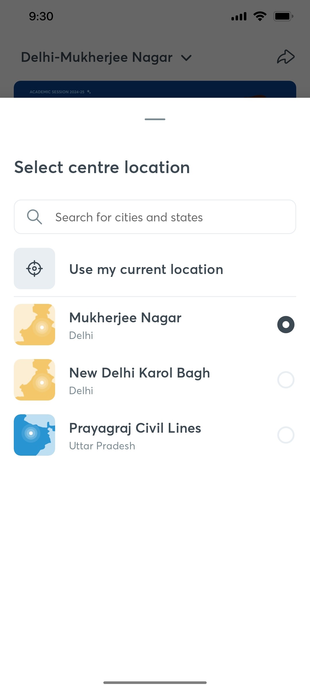 Unacademy Select Center Location Screen