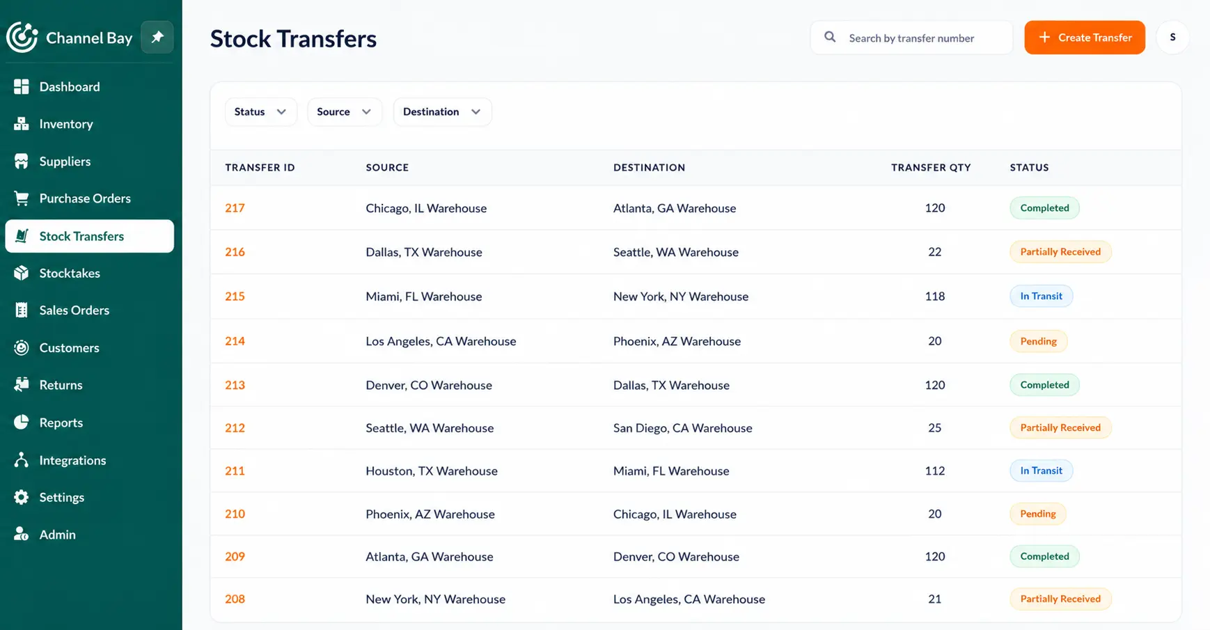 Channel Bay create stock transfer