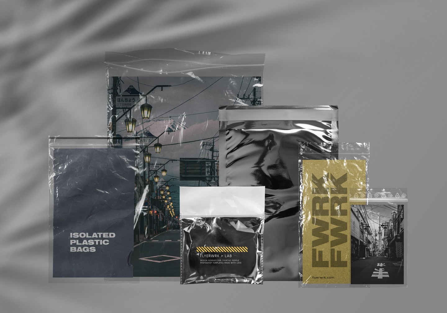 Isolated Empty Plastic Bags display with various transparent baggie styles and professional shadow overlay effects