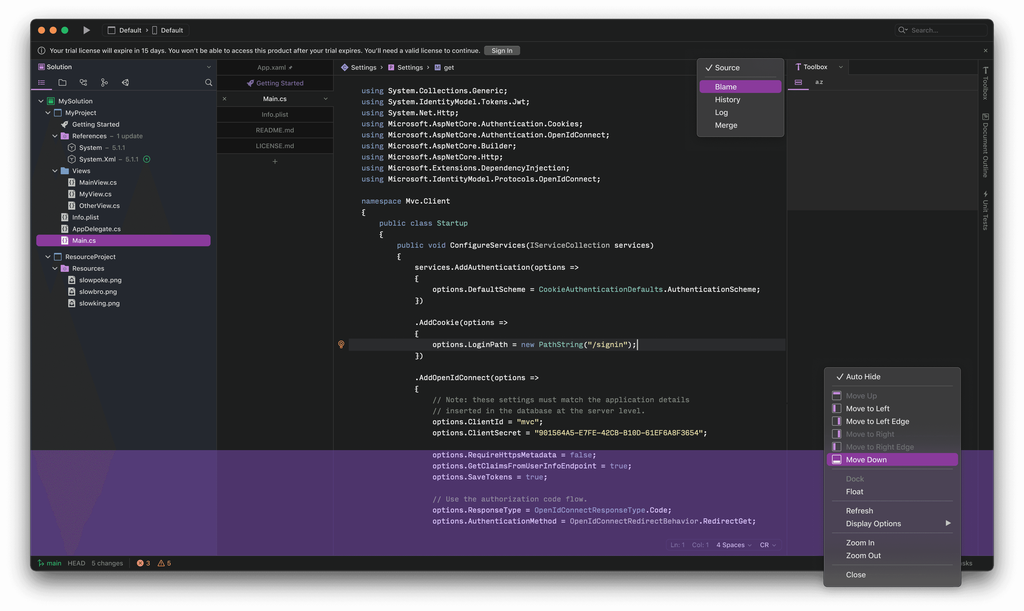 Screenshot of Visual Studio for Mac 17 interface when running in the dark theme with vertical tabs, Code Editor displaying C# code, and a notification about trial license expiration at the top.