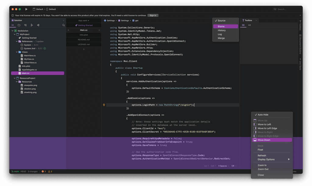 Screenshot of Visual Studio for Mac 17 interface when running in the dark theme with vertical tabs, Code Editor displaying C# code, and a notification about trial license expiration at the top.