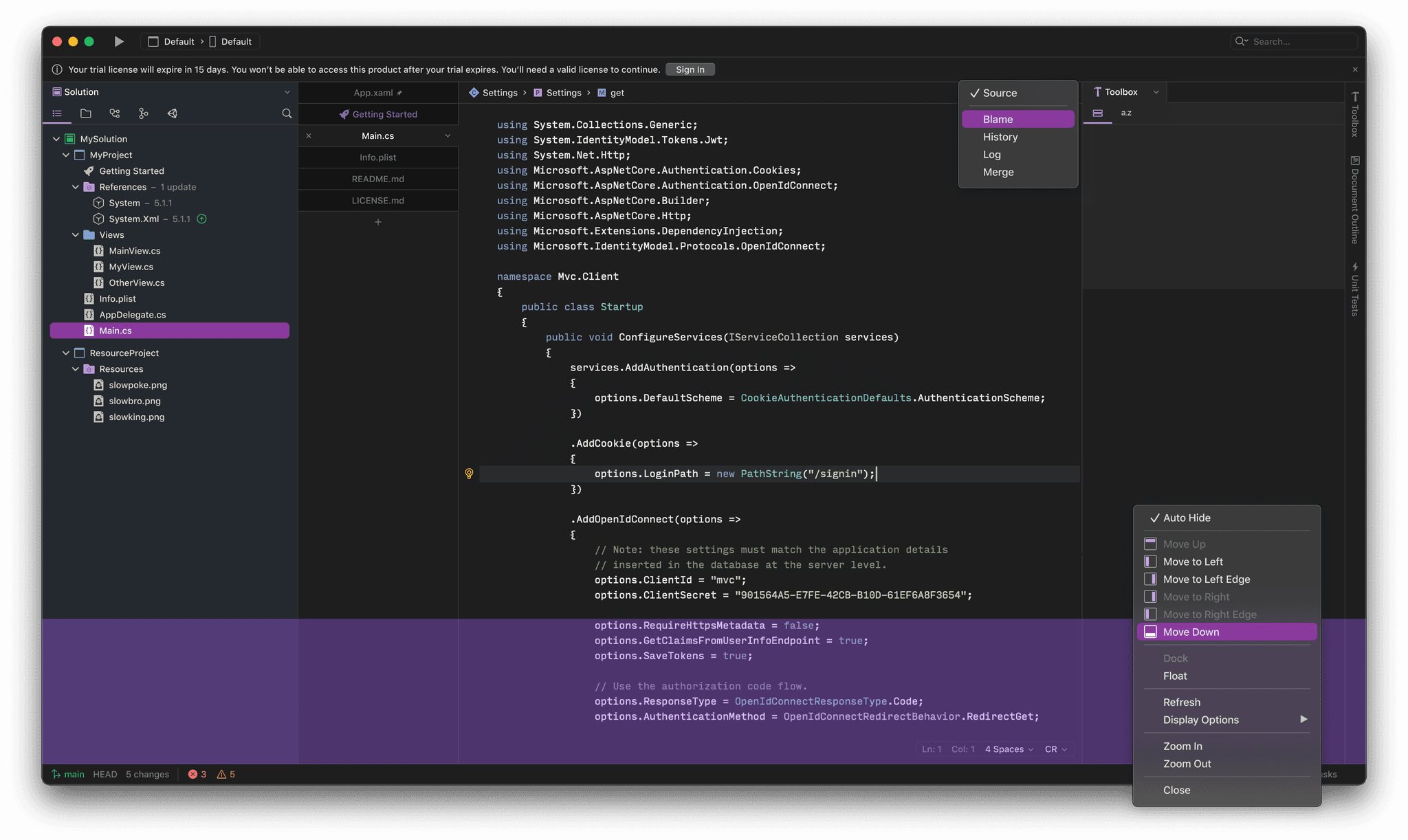 Screenshot of Visual Studio for Mac 17 interface when running in the dark theme with vertical tabs, Code Editor displaying C# code, and a notification about trial license expiration at the top.