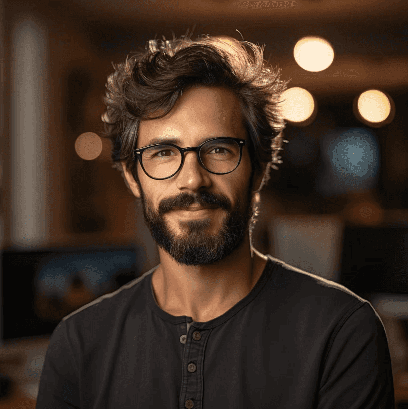 Client with glasses and a beard in a dark henley shirt, in a warmly lit office