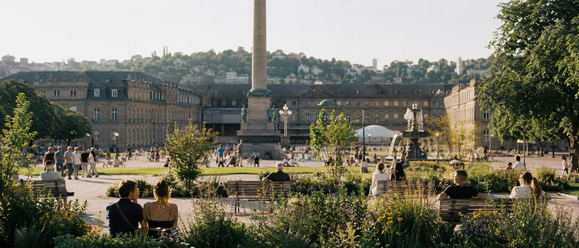 Stuttgarter Schlossplatz mit Park, historischen Fassaden und Menschen im Sonnenschein