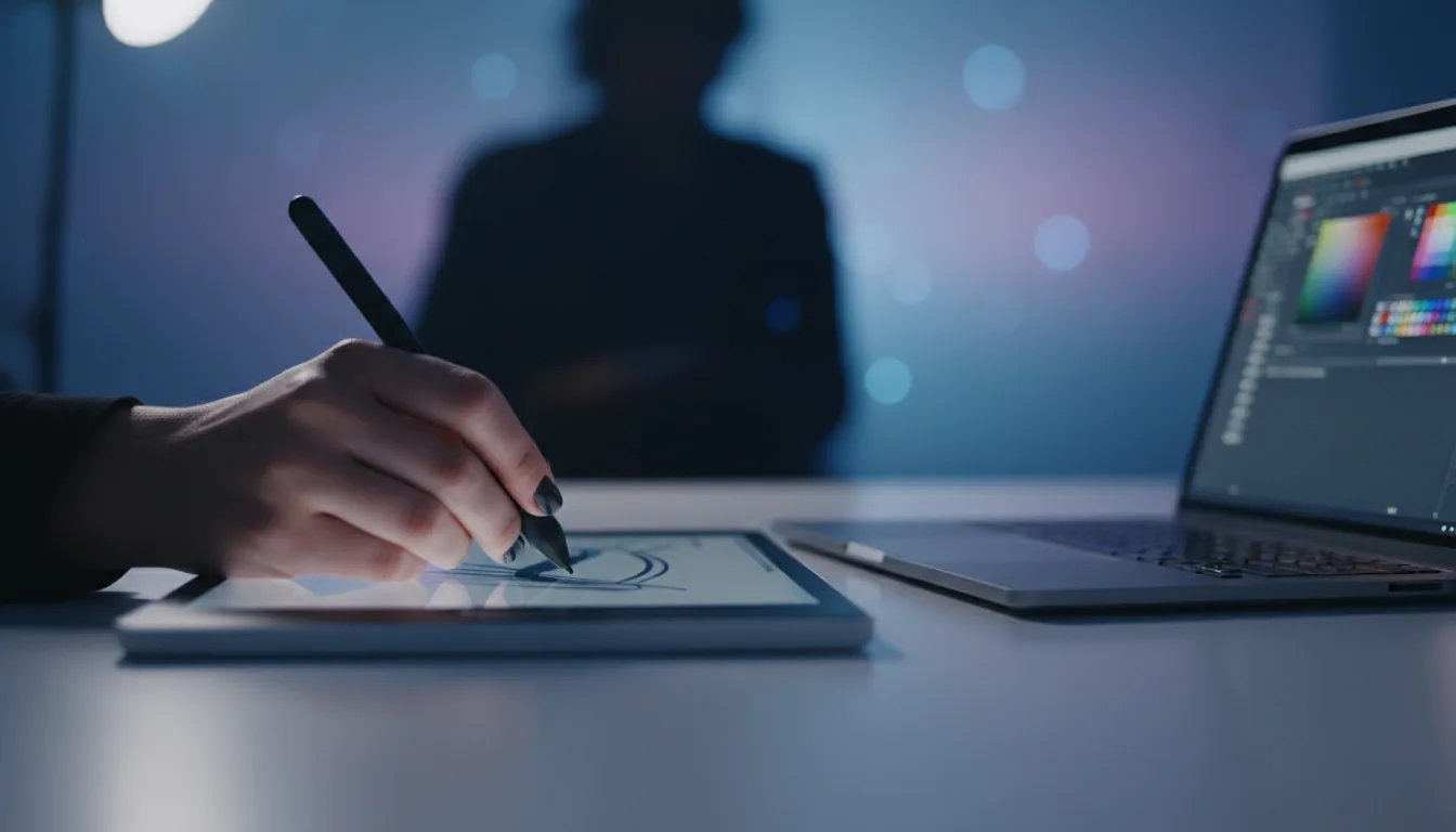 DSLR photograph, low-angle close-up of a digital artist's hand with dark nail polish drawing on a white graphics tablet with a stylus. A space-gray laptop is positioned next to the tablet on a clean, white reflective desk. The shot has an extremely shallow depth of field, with the hand and hardware in sharp focus, while the artist in the background is heavily blurred into a soft bokeh. Cool, cinematic lighting with a subtle blue cast creates a moody, focused atmosphere.