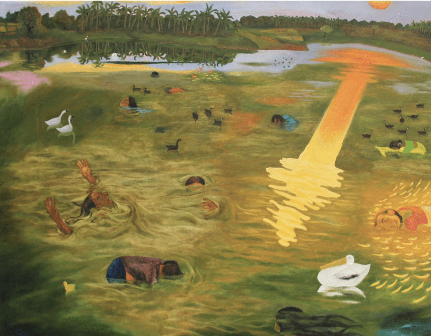 herd of sheep on road painting