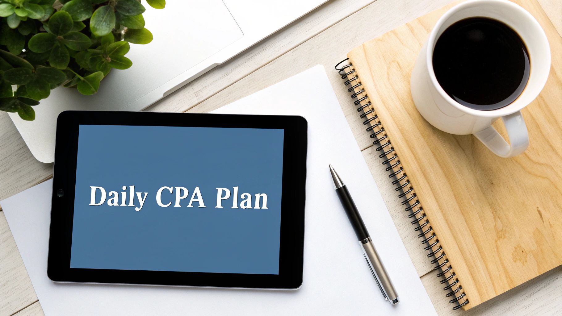 Flat lay of a desk with a tablet showing 'Daily CPA Plan', laptop, coffee, notebook, and pen.