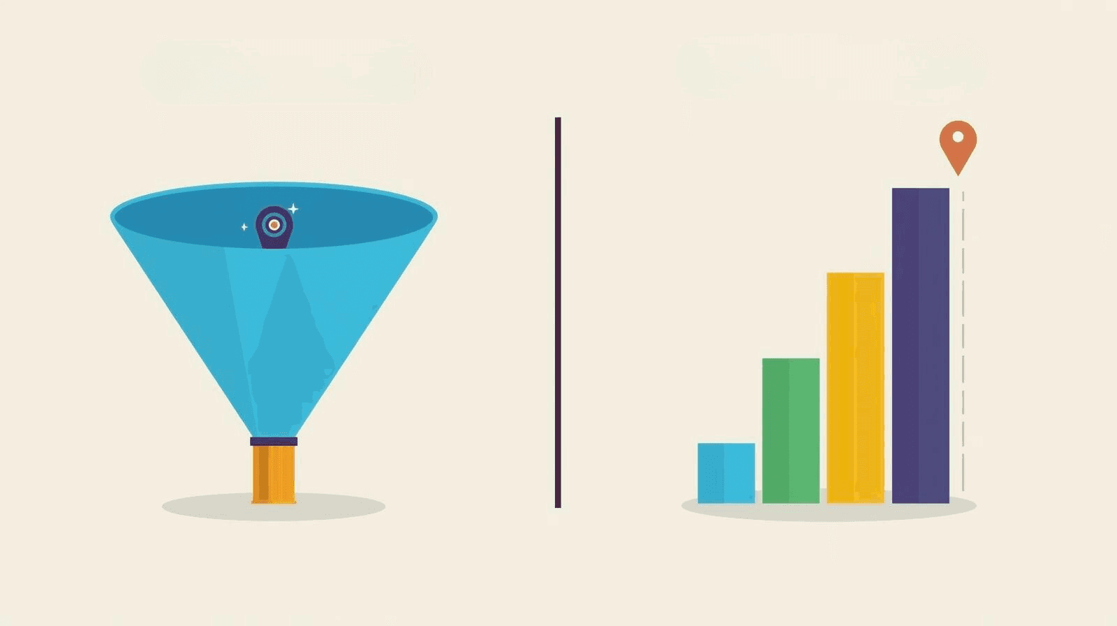 Flat vector illustration comparing two paths of growth: on the left, a large funnel narrowing toward a small target (representing top-down); on the right, a small set of building blocks or steps growing upward to a larger target (representing bottom-up). Clean, minimal design with startup-style colors (blue, green, yellow). Light background, no text, no labels.