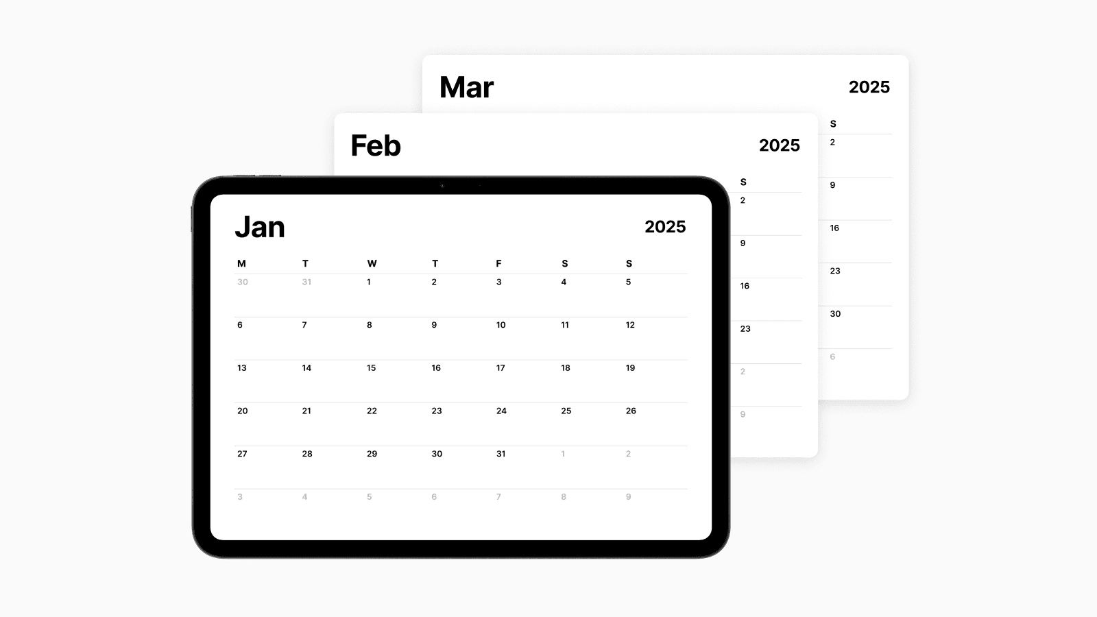 2025 Minimalist Calendar for January, February, March