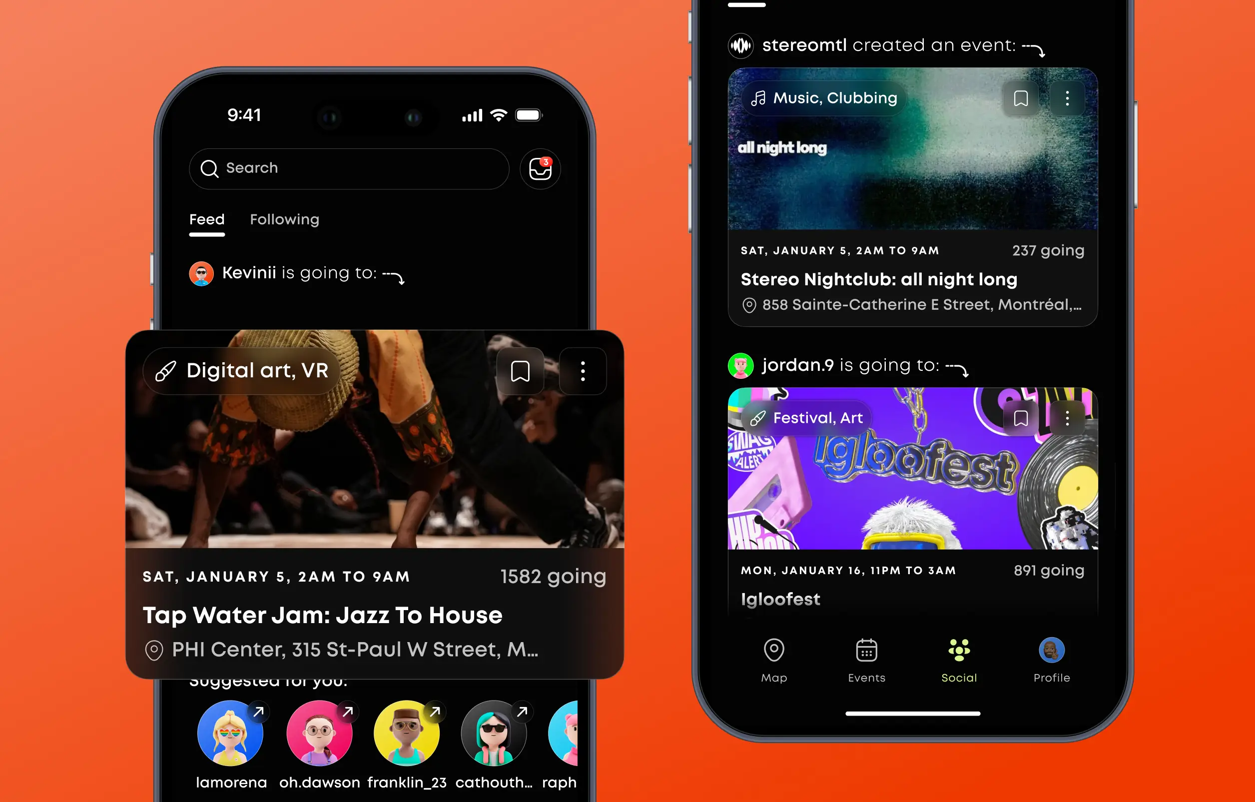 Two mobile screens showing the social feed feature of Roamr, with users sharing updates about events they are attending.