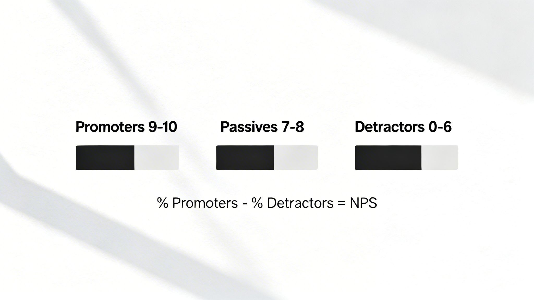 Infographic explaining Net Promoter Score (NPS) calculation with categories: Promoters, Passives, and Detractors.