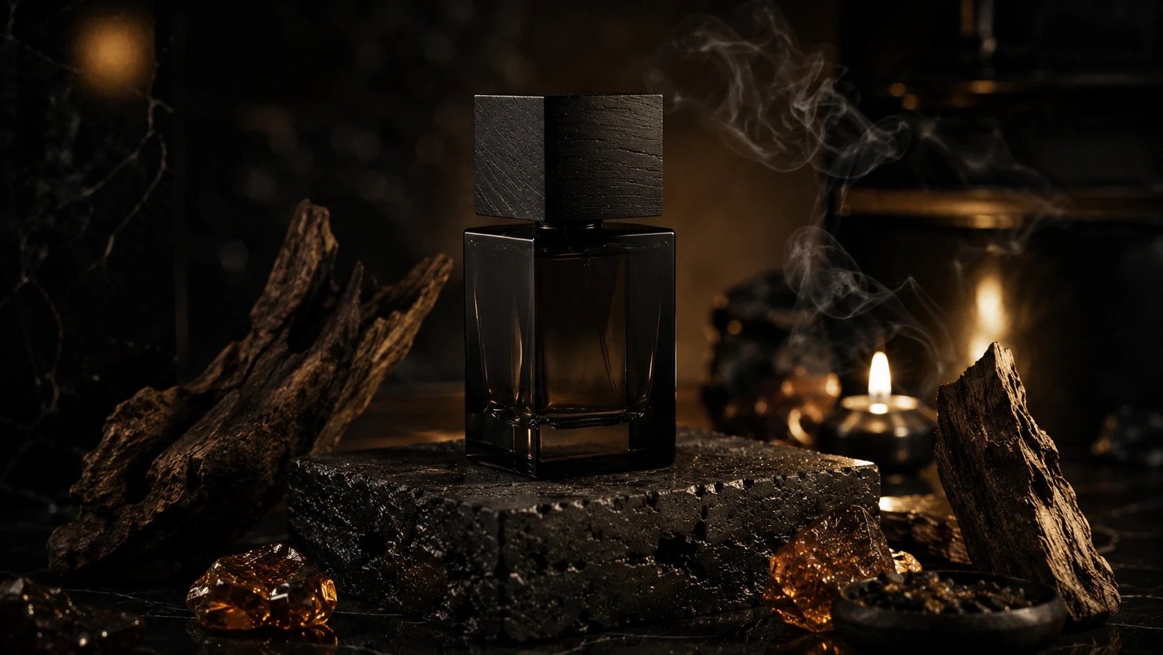 Luxury perfume bottle displayed on a black stone pedestal surrounded by oud wood, amber resin, and soft incense smoke.