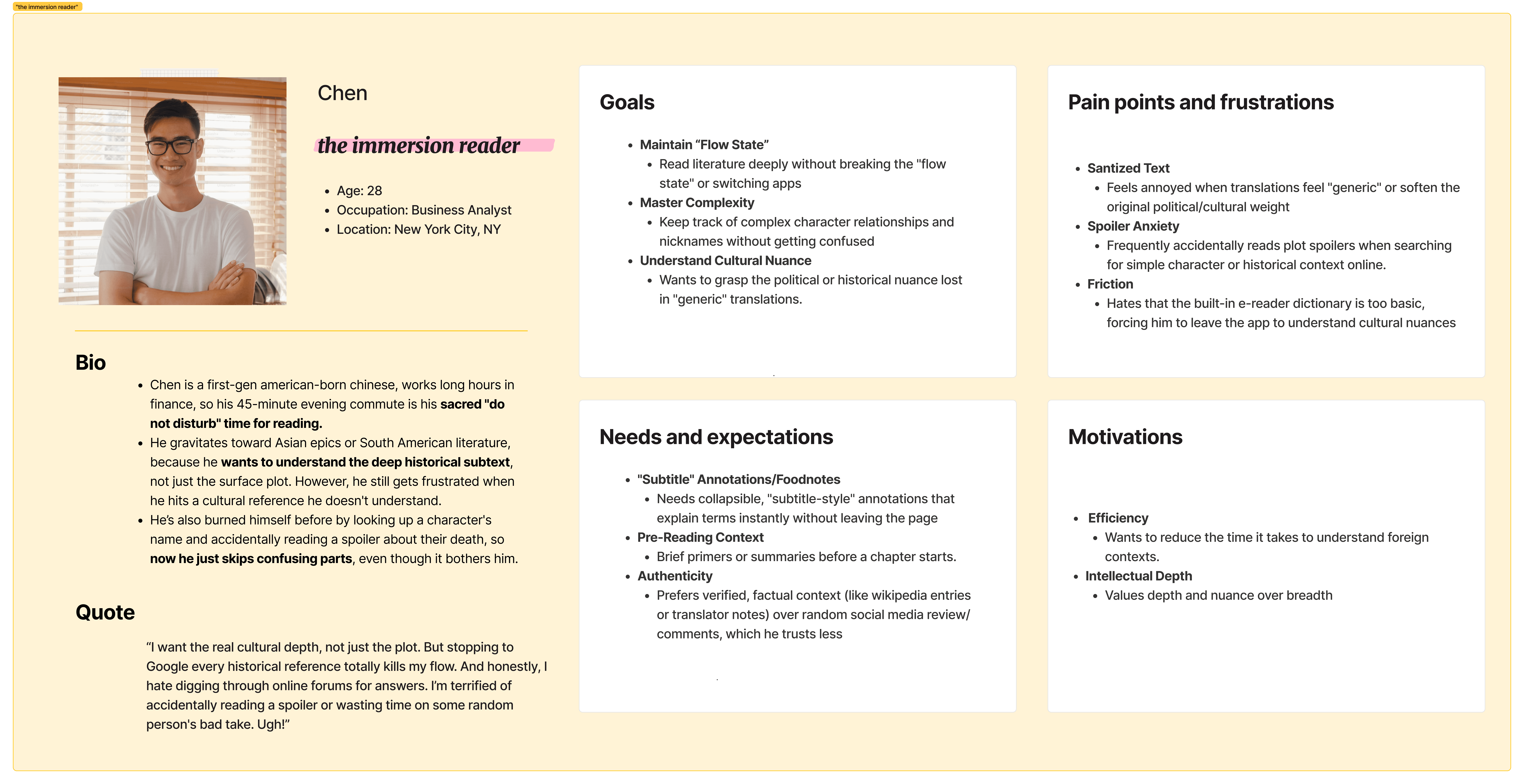 Chen, the immersion reader: persona board with goals, pain points, needs, and motivations