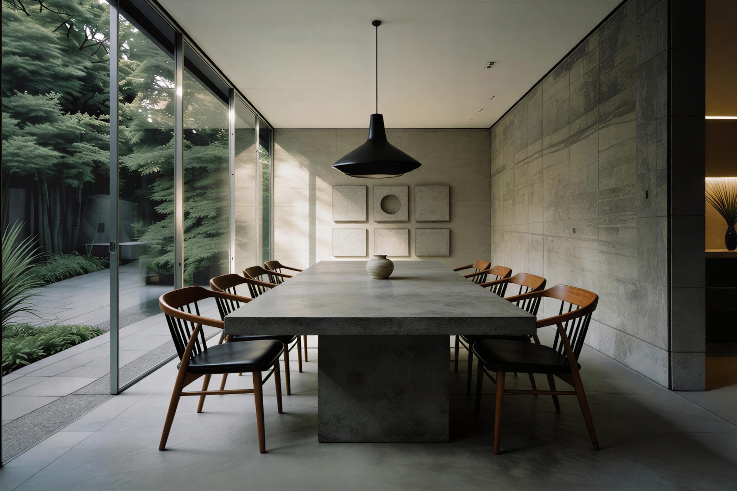 Sleek modern dining room featuring a long concrete table surrounded by wooden chairs with black cushions, accentuated by a large black pendant light and floor-to-ceiling glass windows providing a view of lush greenery outside.