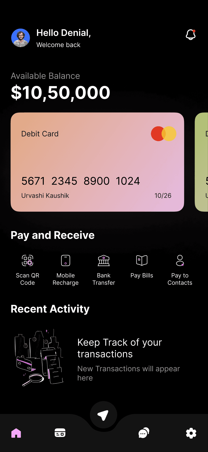 Mobile banking app UI with a $10,50,000 balance, pink debit card, and payment shortcut icons on a dark theme.