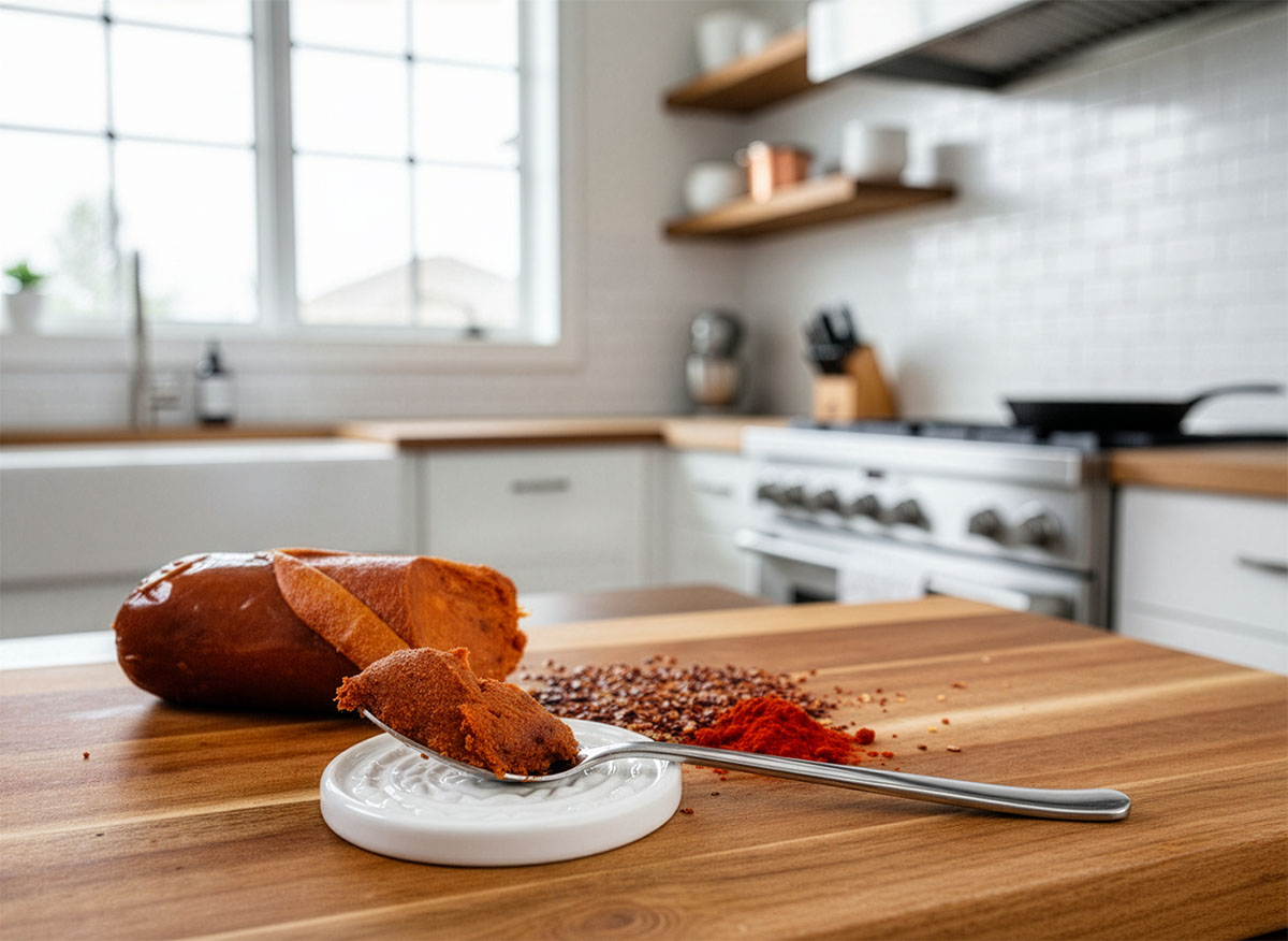 A close-up of Porcellino 'nduja salami in a farmhouse on a cutting board.