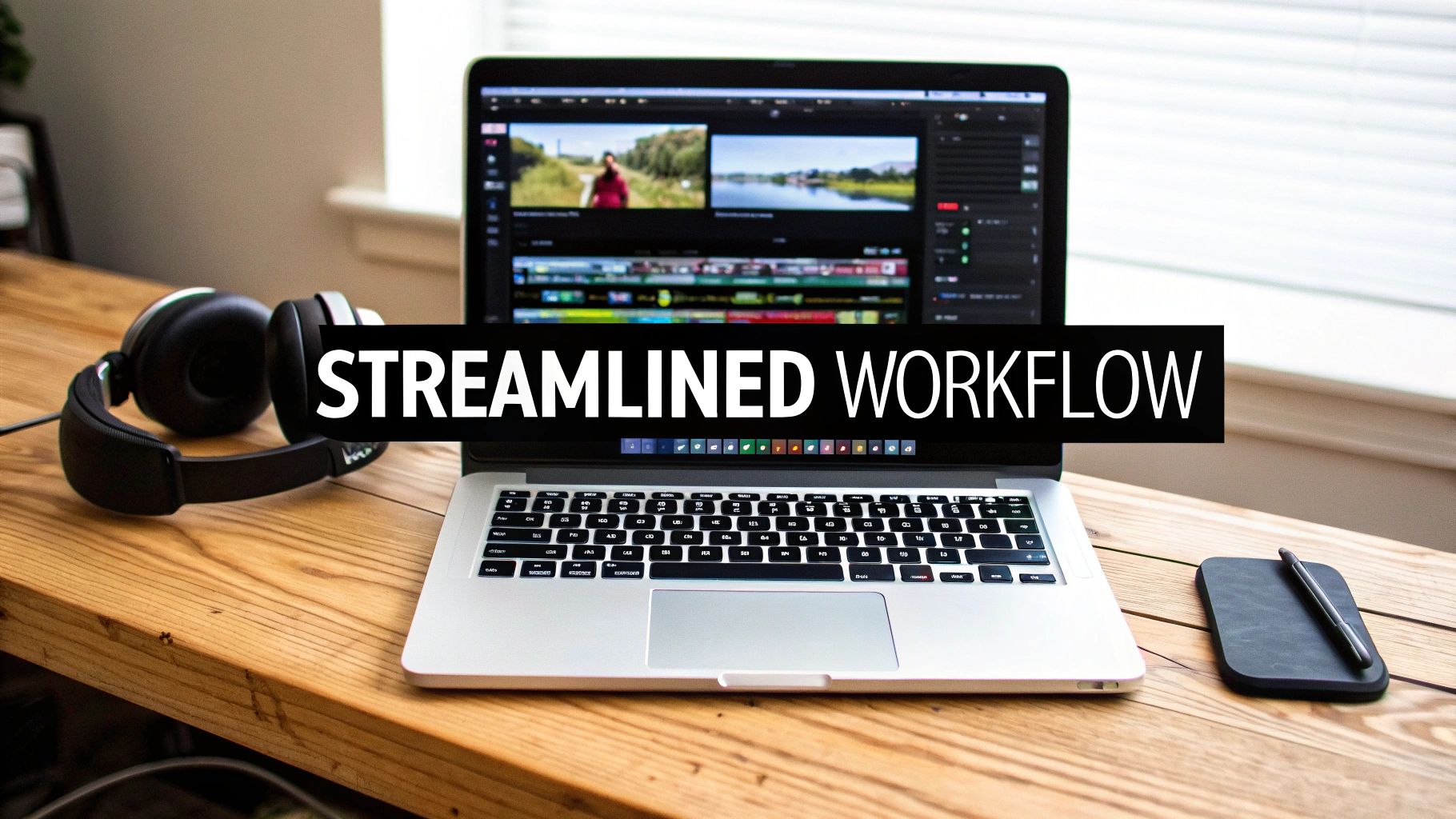 Close-up of a laptop with video editing software, headphones, and 'Streamlined Workflow' text.