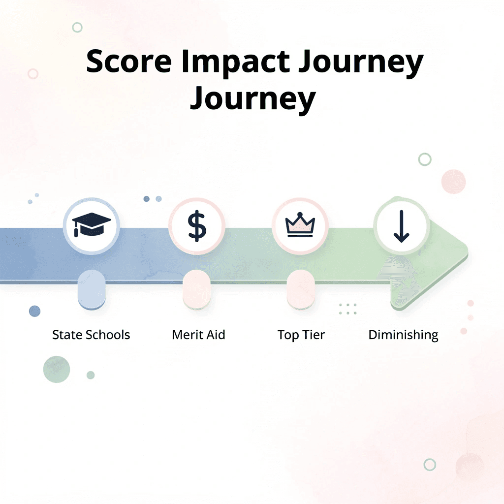 Arrow progression showing ACT score impact journey from state schools to diminishing returns
