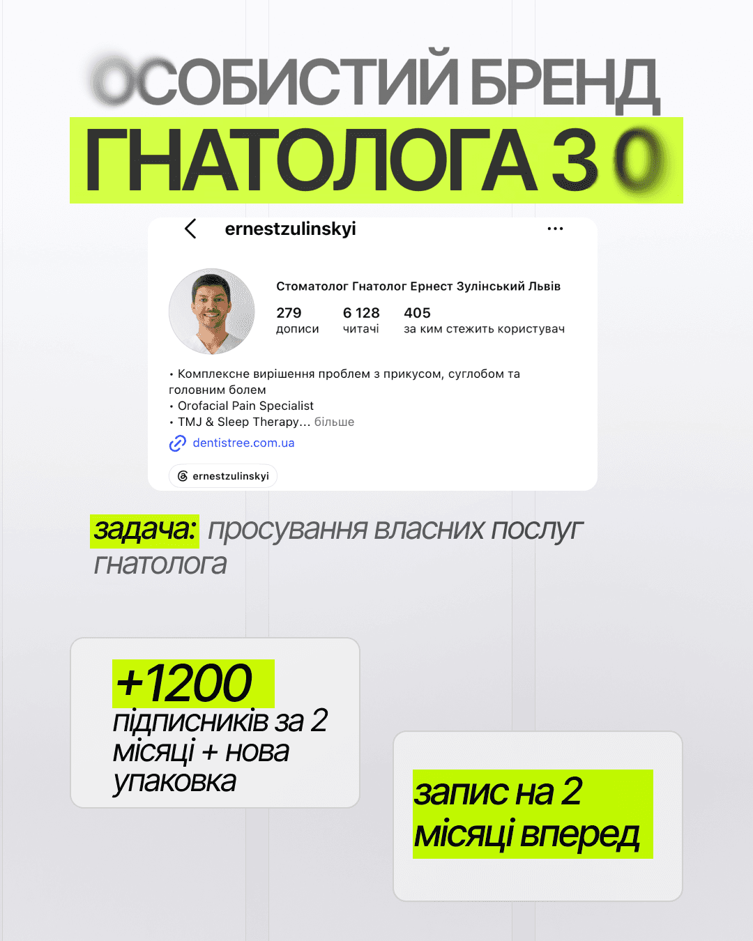 Кейс Ернеста: з нуля +1200 підписників за 2 місяці, запис на 2 місяці вперед.