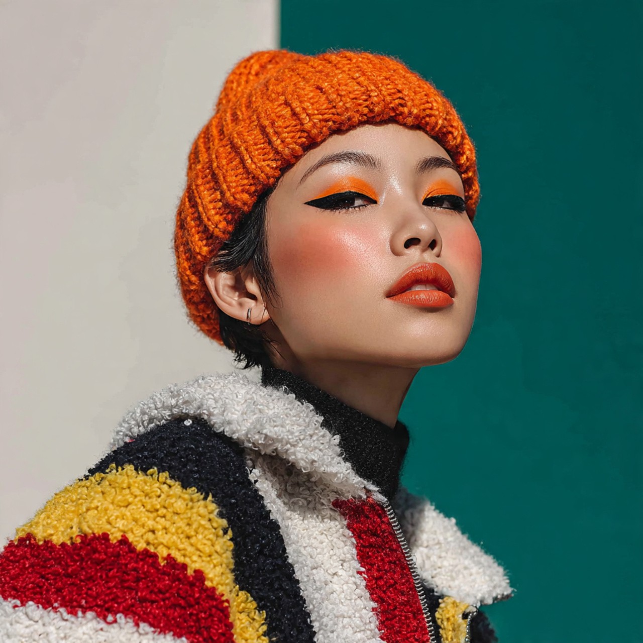 oman in an orange beanie and colorful striped jacket with bold makeup.