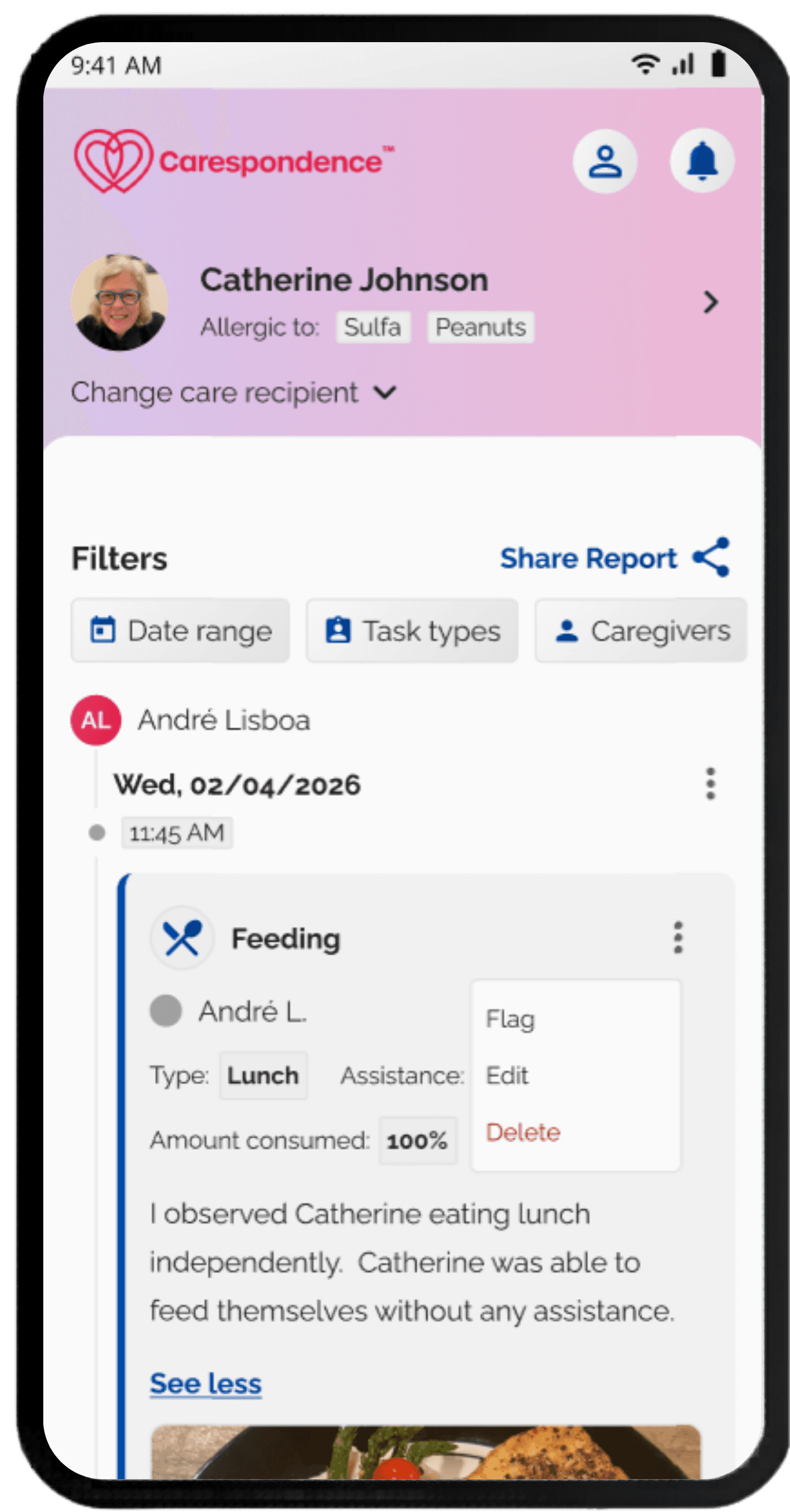 Carespondence app showing a care log entry for Catherine Johnson, with a detailed feeding note recorded by a caregiver documenting that the care recipient ate lunch independently with no assistance needed.