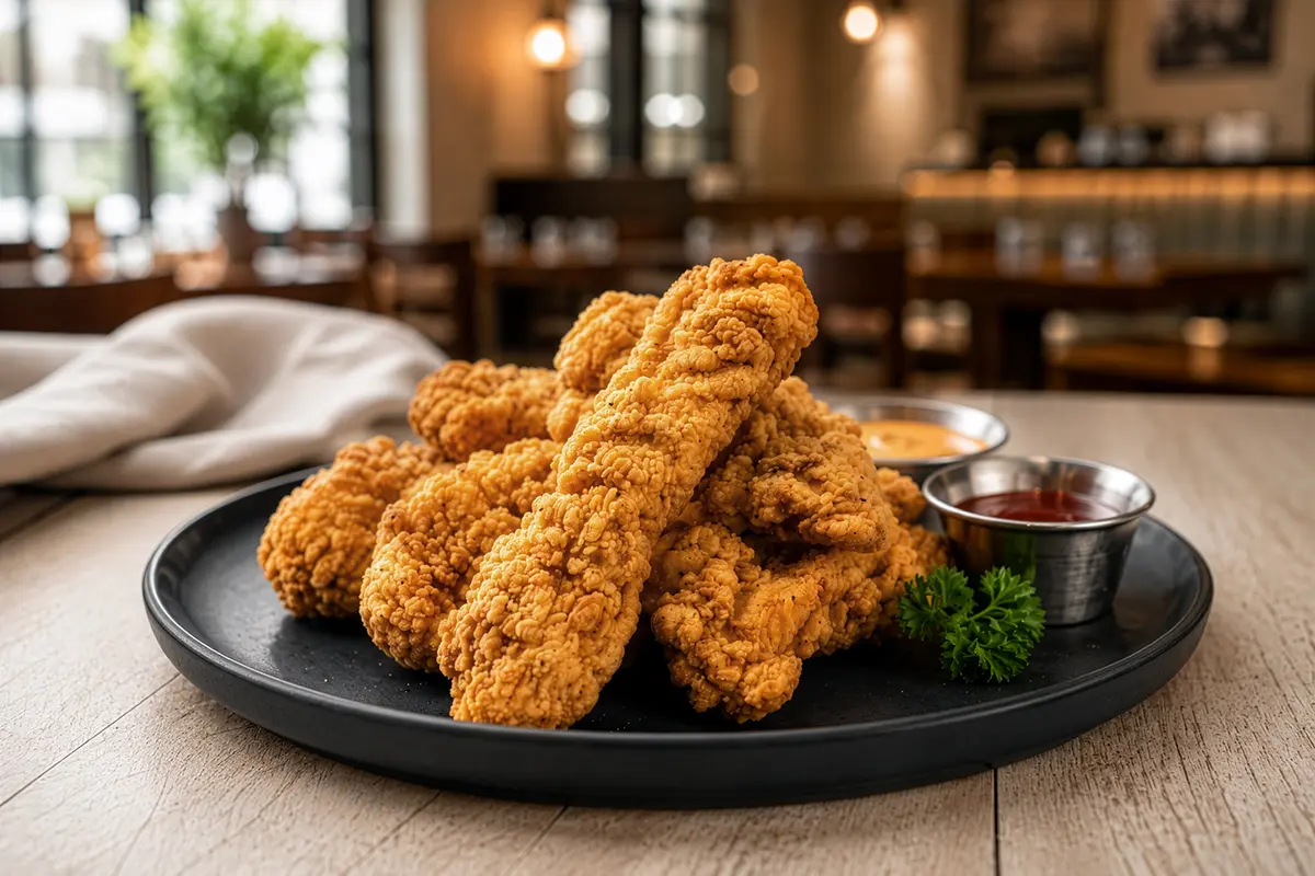 Homestyle breaded chicken tenders piled on a black plate with two dipping sauces.