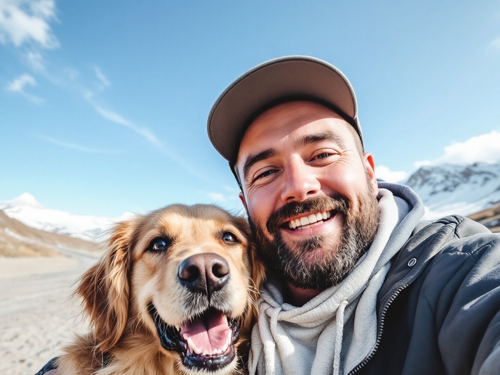 A man and his dog are smiling at the camera.