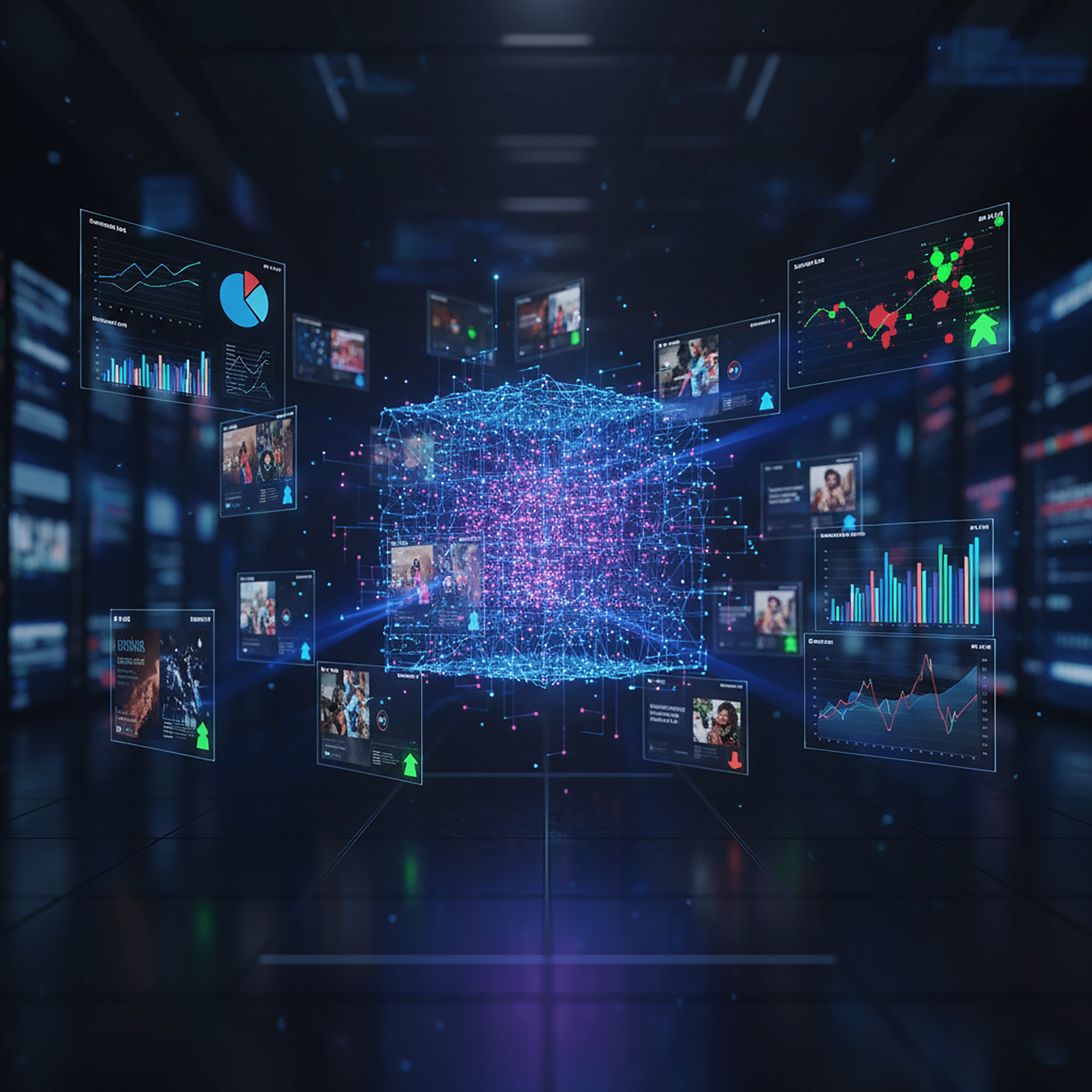 Meta Andromeda AI engine scanning and ranking Facebook ad creatives in a futuristic digital interface