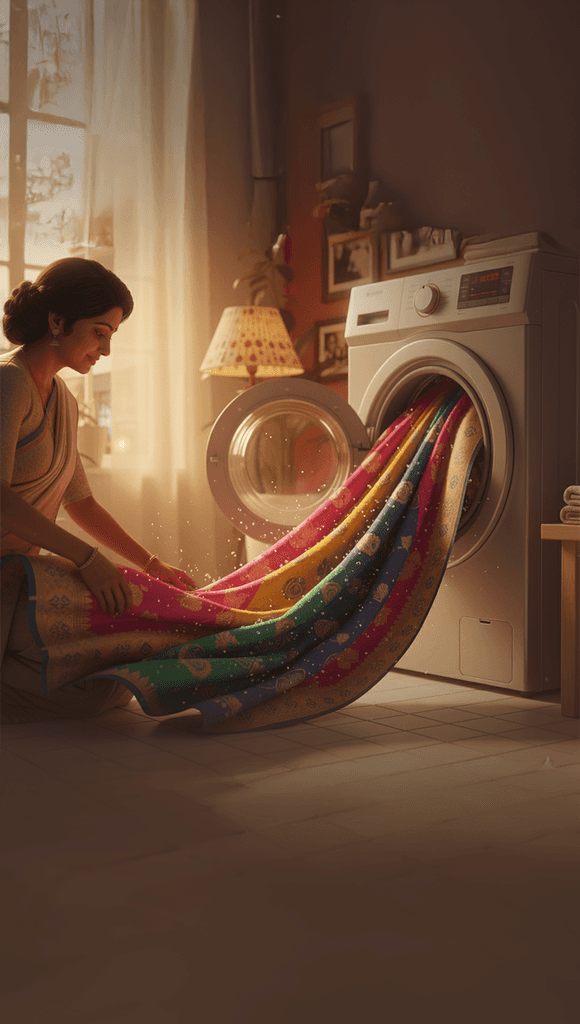A woman carefully placing a silk saree into a washing machine, demonstrating safe and gentle home washing techniques for delicate saree fabrics.