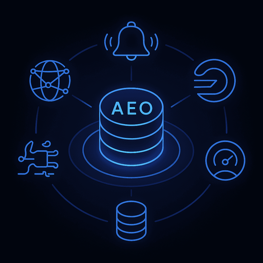 Circular diagram illustrating six criteria around an AEO platform