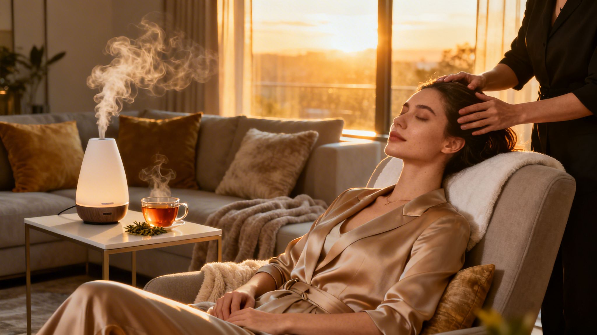 Woman getting a scalp massage and relaxing