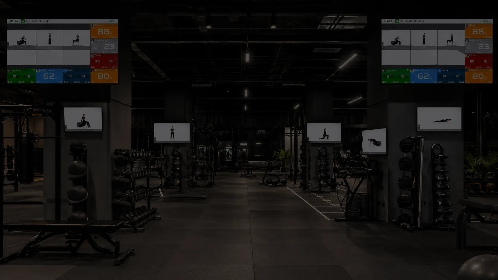 Sala functional con gli schermi Uptivo della frequenza cardiaca in diretta e degli allenamenti, gestiti da Uptivo Bridge