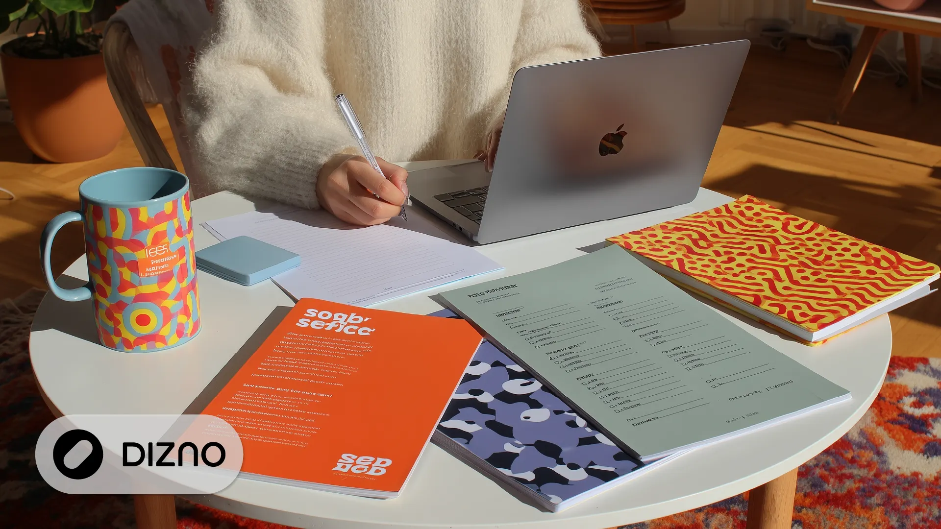 Open brand book showing logo, color palette, and typography samples for brand consistency