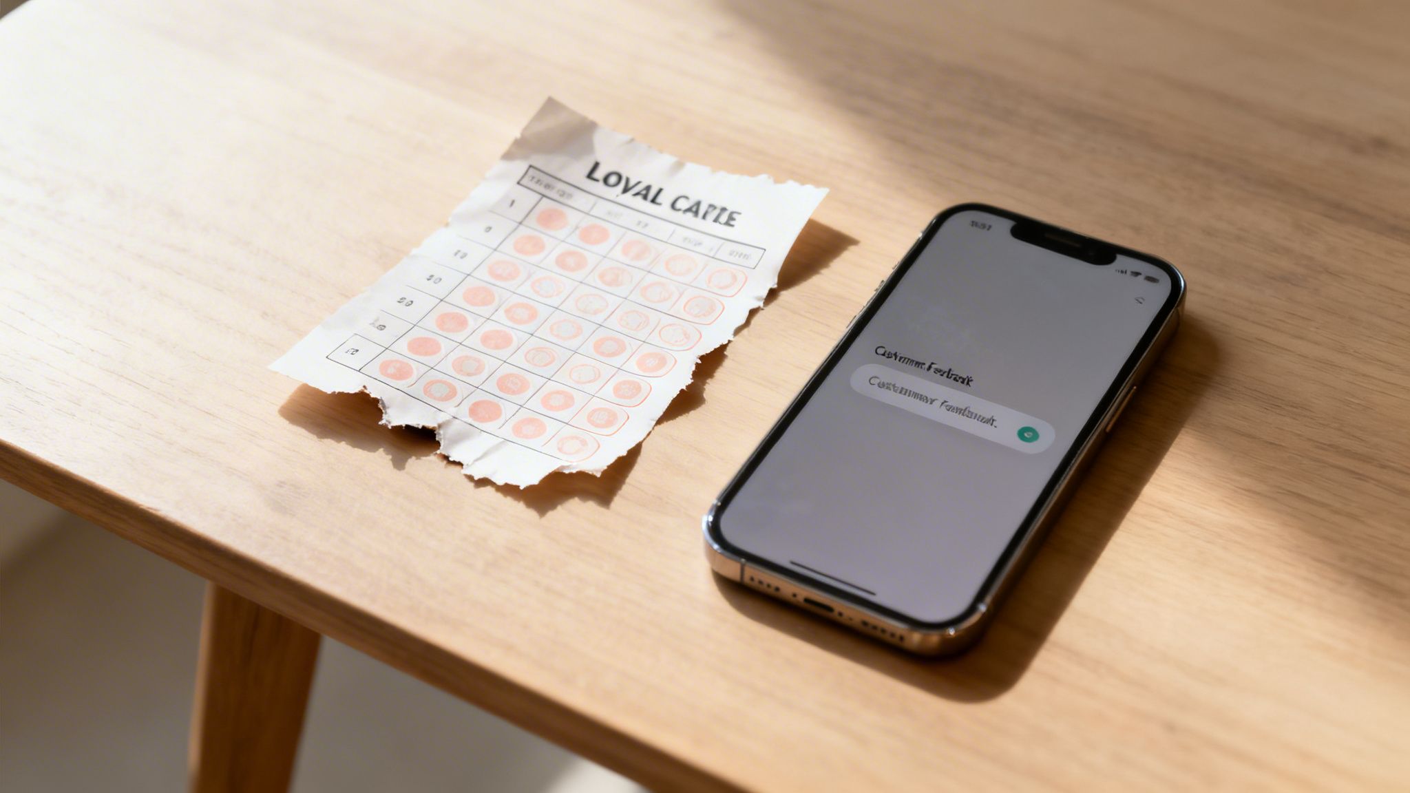 A tattered paper loyalty card and a smartphone showing 'Customer Feedback' on a sunlit wooden table.
