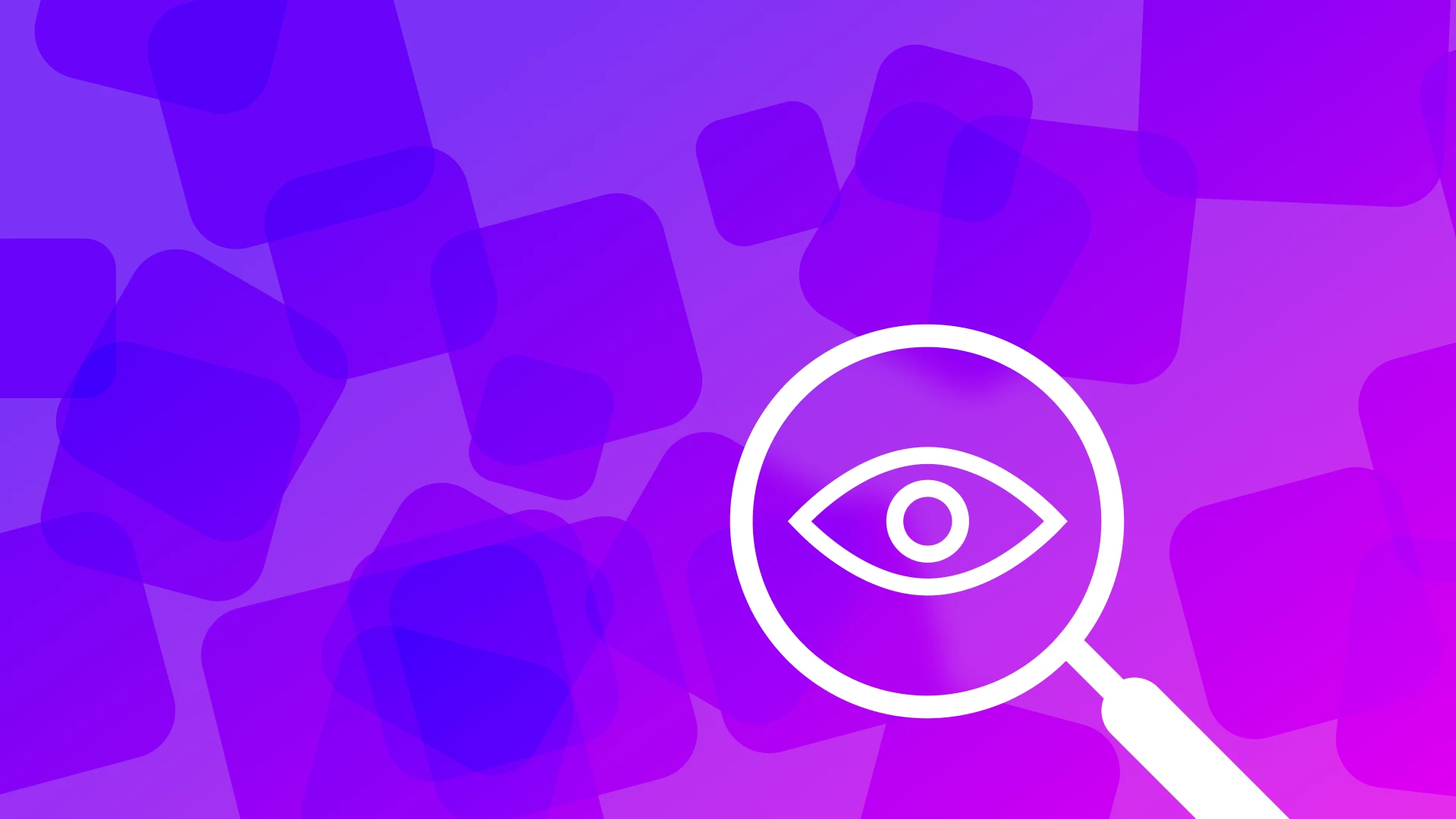 A magnifying glass icon with an eye symbol inspecting a dense cloud of purple squares, representing the challenge of visibility in SaaS sprawl. Illustrates why SMBs and MSPs struggle to keep up with monitoring unmanaged applications and shadow IT.
