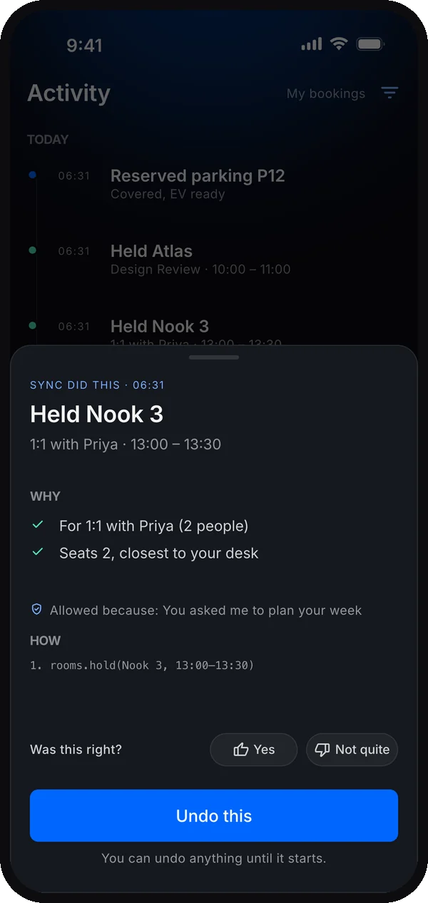 Activity detail for Held Nook 3: why, the rule that allowed it, and Undo
