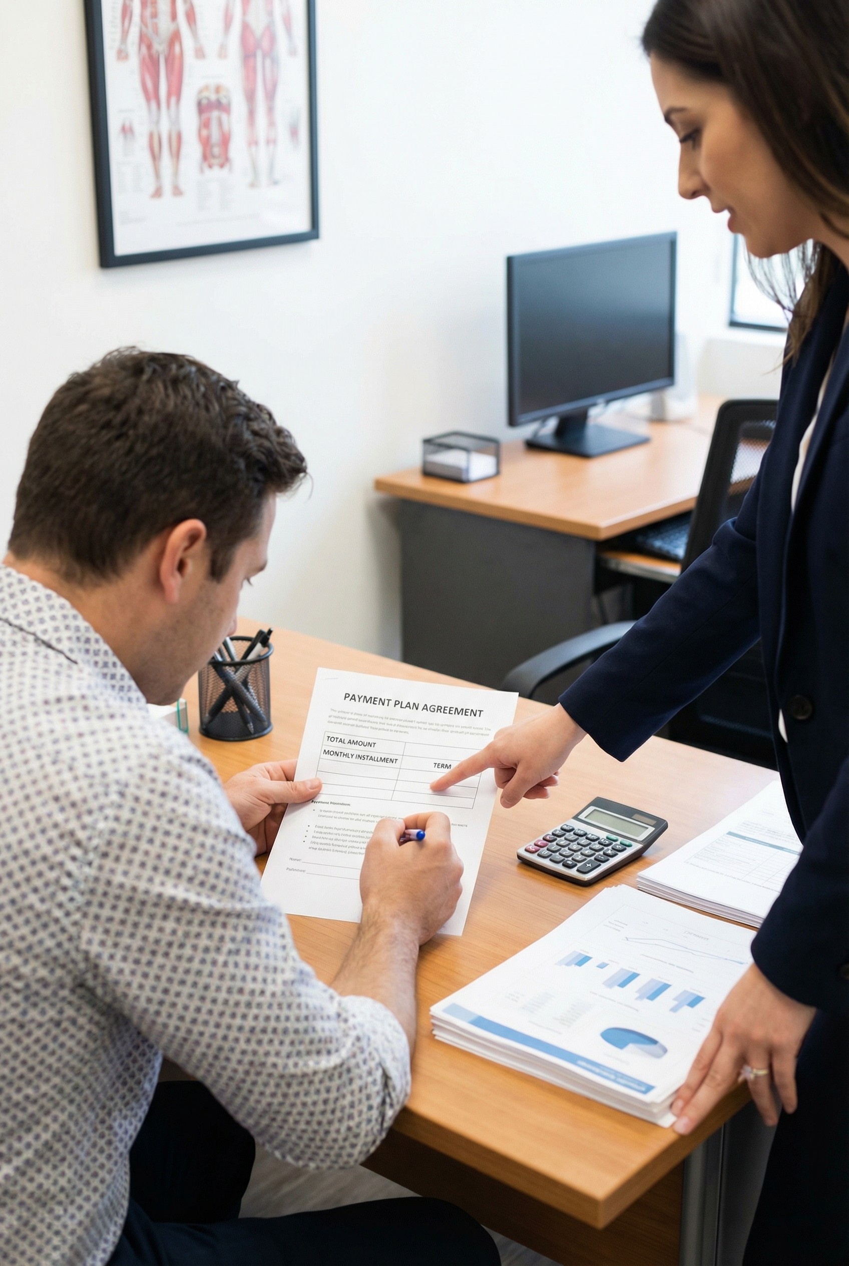 Patient signing dental payment plan agreement with clear transparent terms for affordable treatment financin