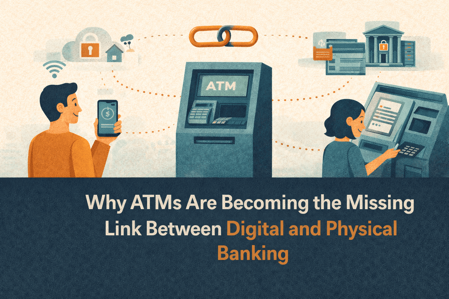 Flat-style digital illustration showing an ATM in the center acting as a bridge between digital and physical banking. On the left, a person uses a smartphone with cloud and security icons, representing digital banking. On the right, another person uses an ATM near a traditional bank building, representing physical banking. Chain links and dotted lines connect both sides through the ATM. The background is light beige with navy, teal, and orange tones, and a navy-blue bar at the bottom displays the blog title in bold white text: ‘Why ATMs Are Becoming the Missing Link Between Digital and Physical Banking’.