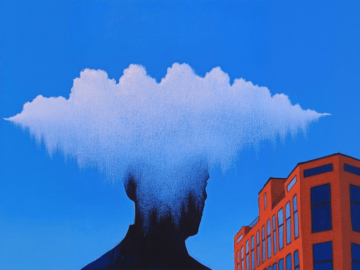 A surrealist illustration of a figure seen from behind whose head dissolves into a white cumulus cloud against a vivid blue sky, with a red brick building visible in the background.