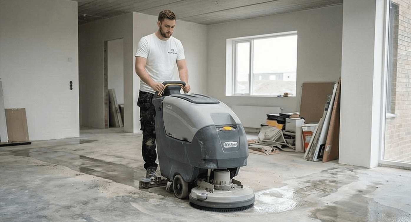 Iðnaðarþrif á gólfi með gólfþvottavél eftir framkvæmdir.