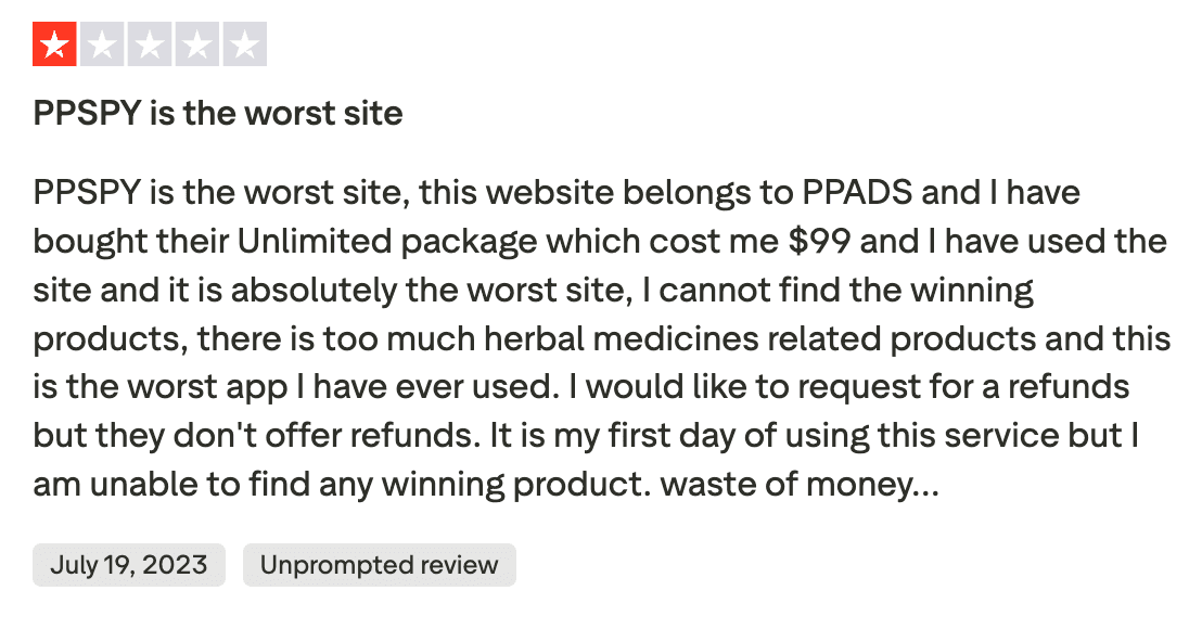 One-star Trustpilot review stating PPSPY is the worst site