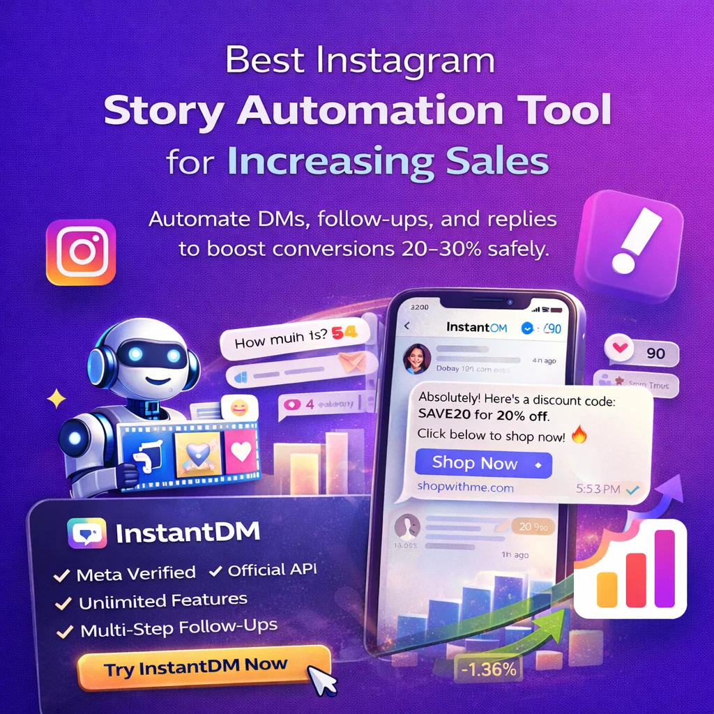 InstantDM Instagram Story automation tool interface showing automated DMs, follow-ups, and sales growth visuals on a purple gradient background.