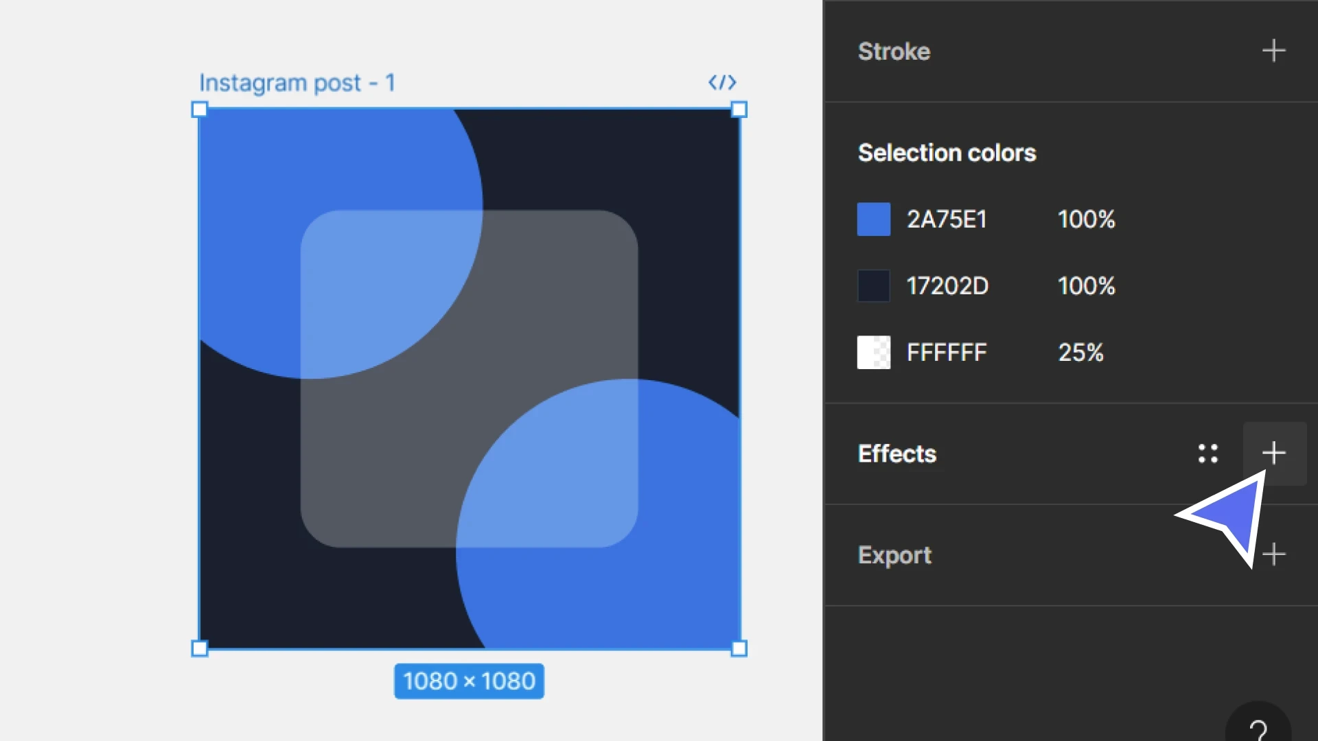 Creating a new effect in Figma, illustrated by a mouse over the plus icon next to effects.