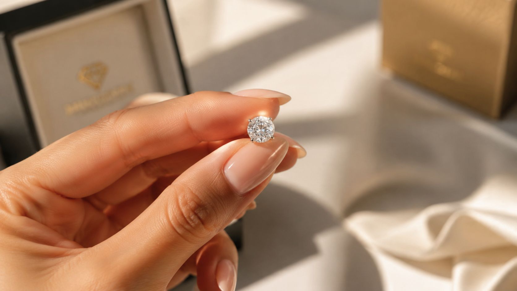 A close-up of a person holding a sparkling solitaire diamond stud earring with their fingers.