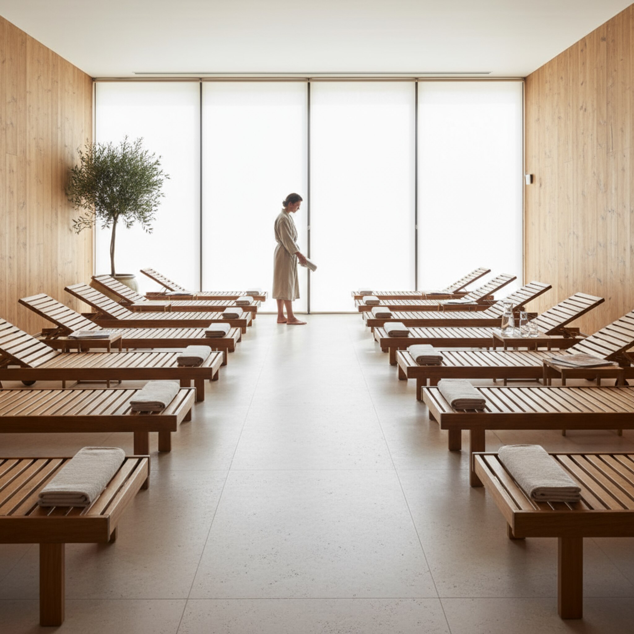 Ein heller Ruheraum mit Reihen aus Holzliegen, zwischen denen großzügig Abstand gelassen wurde. Eine Person hält kurz inne, schaut auf den freien Platz am Fenster und legt dann ihr Tuch ab. Das Licht fällt weich auf den Boden, alles wirkt strukturiert und ruhig.
