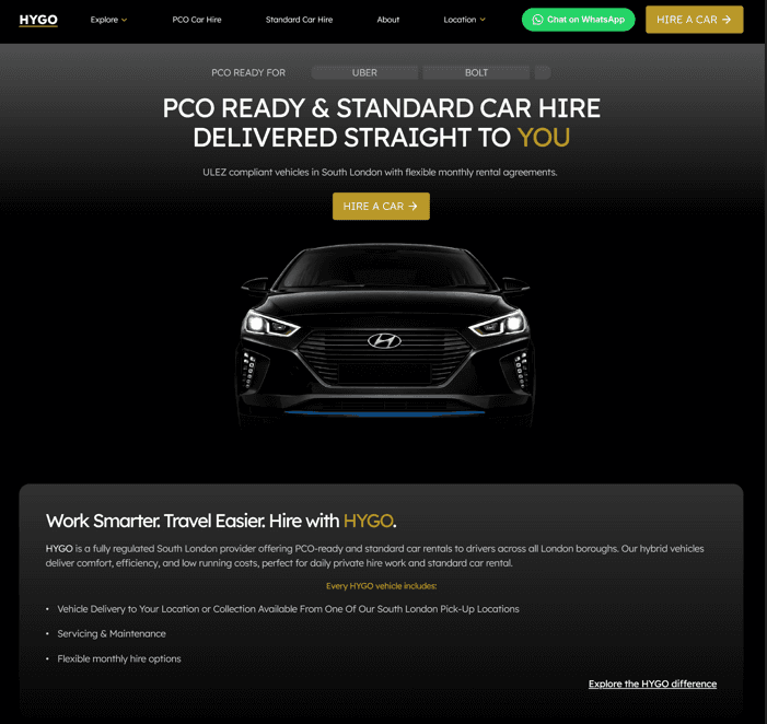 Landing page design for HYGO PCO Car hire company