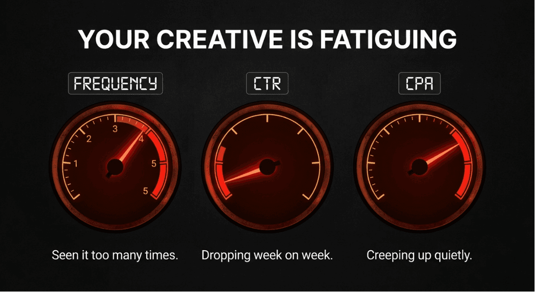 Three signs of Meta ad creative fatigue — frequency above 3, declining CTR and rising CPA warning signals
